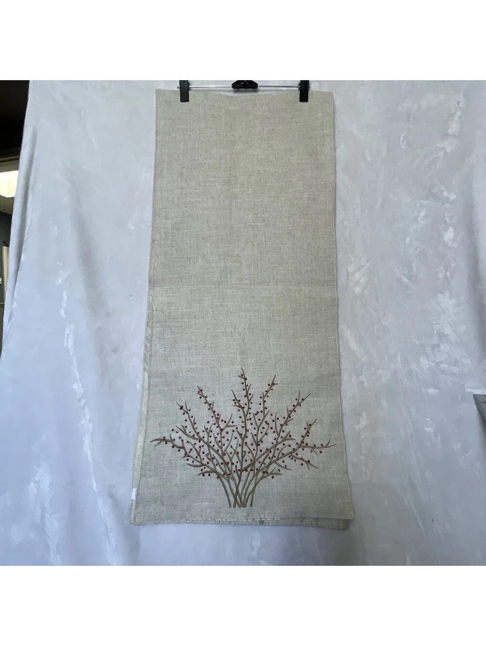 Linen Polyester Blend Natural Red Beaded Table Runner Autumn Holiday 70 Inches